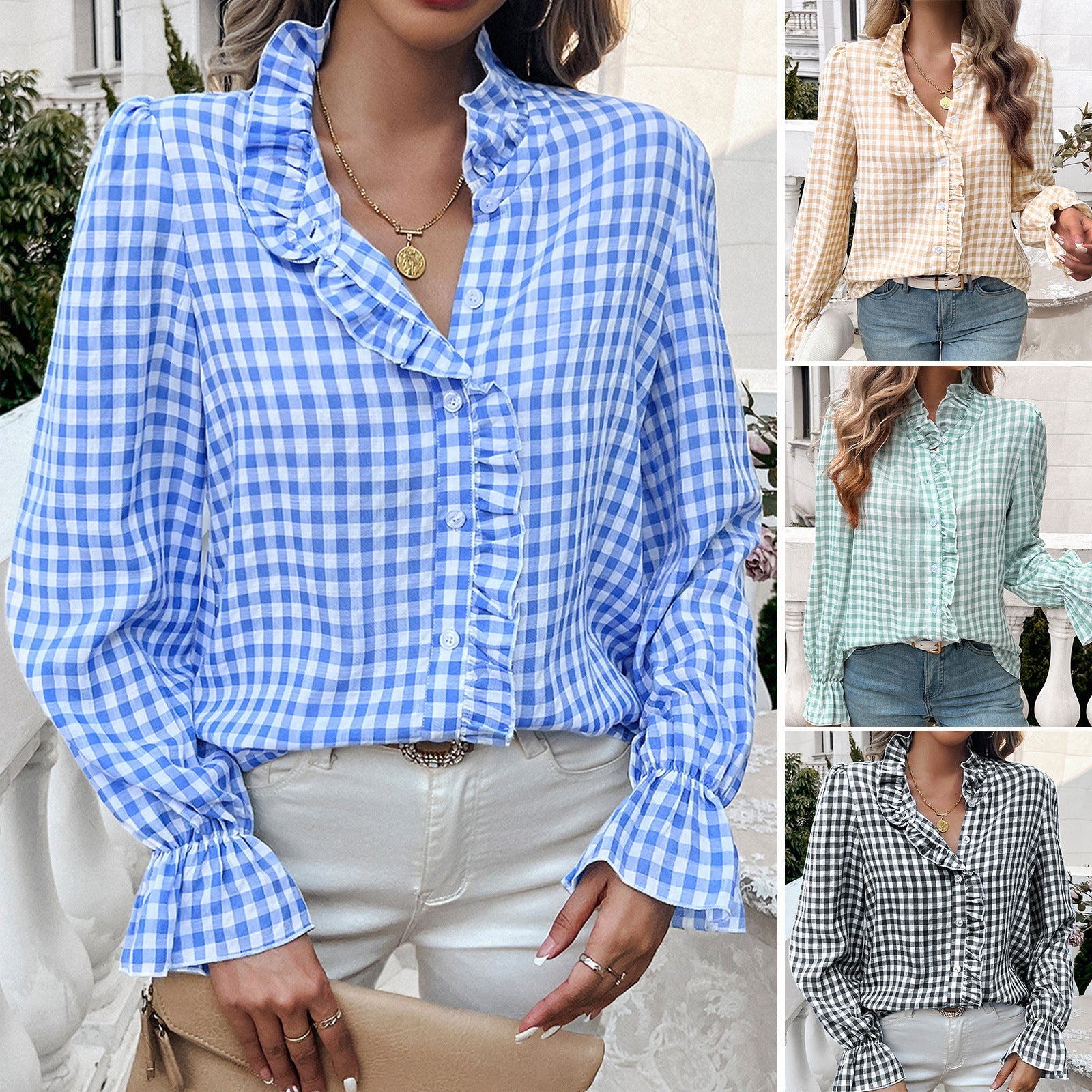Damen Karierte Bluse mit Rüschendetails und Knopfleiste R&B