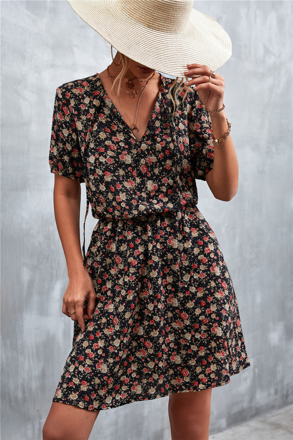 Damen Wickelkleid mit floralem Muster und elastischem Bund R&B