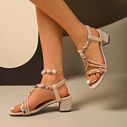 Damen komfortable Sandalen mit dekorativem Flecht-Design und mittelhohem Absatz R&B