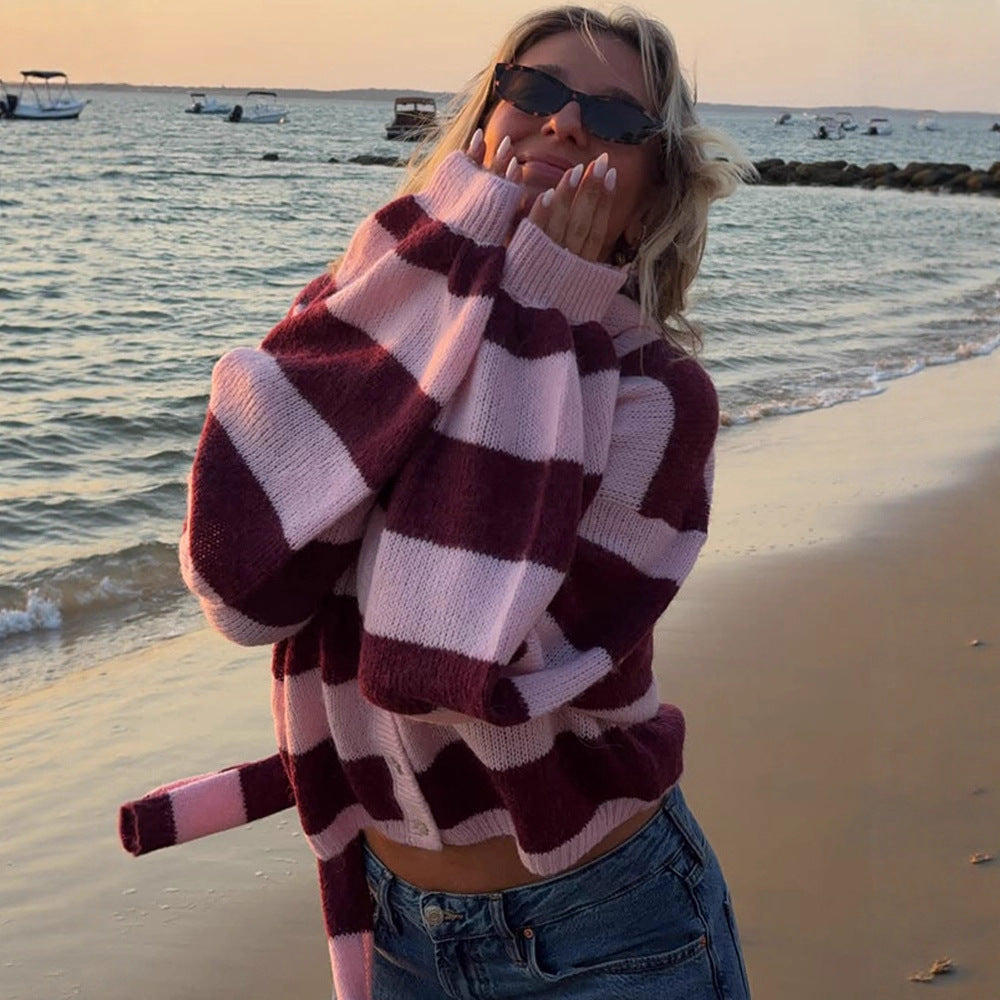 Damen kuschelige Strickjacke mit modischem Karomuster und abnehmbarem Schal R&B