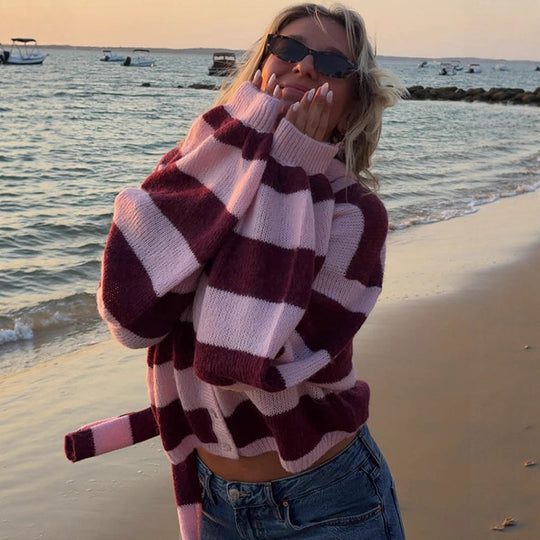 Damen kuschelige Strickjacke mit modischem Karomuster und abnehmbarem Schal R&B