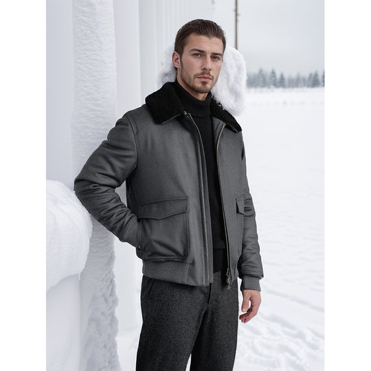 Herren modische Bikerjacke aus hochwertigem Wollmix mit warmem Futter R&B