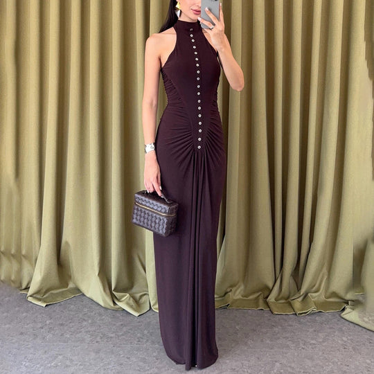 Damen Elegantes, figurbetontes Maxikleid mit hochgeschlossenem Ausschnitt und Knopfdetails R&B