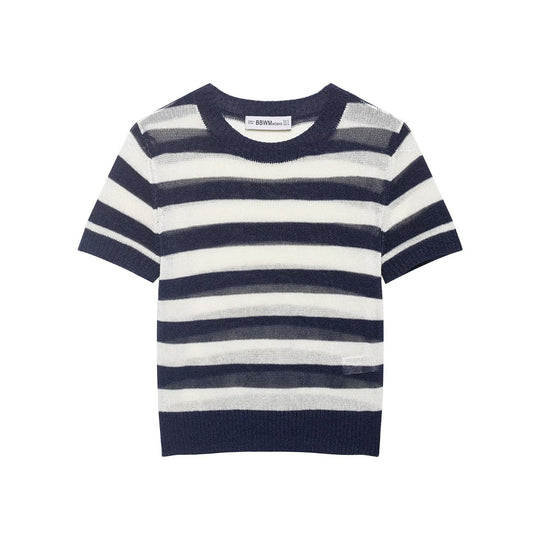 Damen lässiges Kurzarmshirt mit maritimem Streifenmuster und feiner Strickstruktur R&B