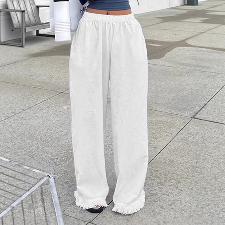 Damen Weite Baumwollhose mit elastischem Bund und femininen Fransen R&B