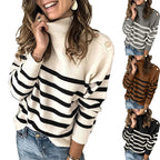Damen Hochgeschlossen Pullover mit Streifenmuster und dekorativen Knöpfen