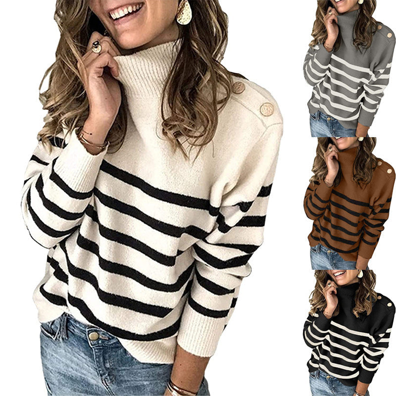 Damen Hochgeschlossen Pullover mit Streifenmuster und dekorativen Knöpfen