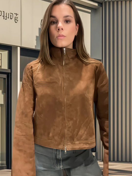 Damen Modische Kurzjacke aus Mikrofaser mit hohem Kragen R&B