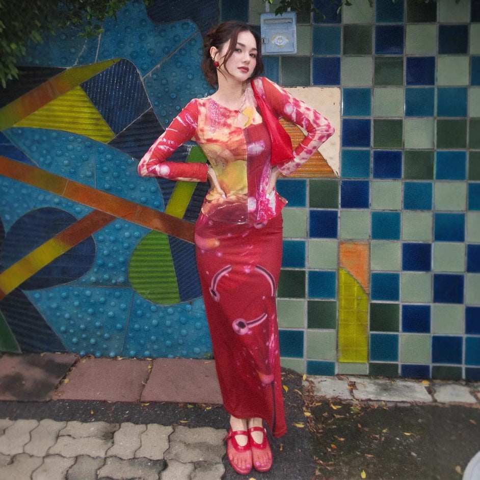 Damen Maxikleid mit kreativem Grafikdruck und langen Ärmeln R&B