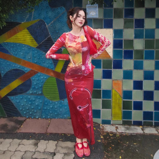 Damen Maxikleid mit kreativem Grafikdruck und langen Ärmeln R&B