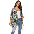 Damen Kimono mit floralem Design und Fransen R&B