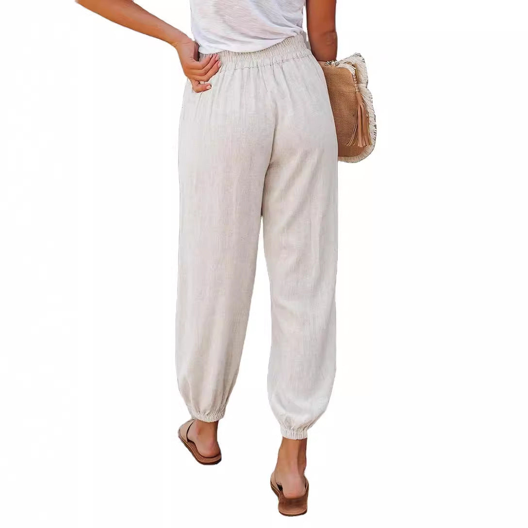 Damen lässige Leinen-Hose mit elastischem Bund und Gummizug R&B