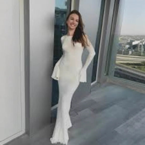 Damen figurbetontes Langkleid mit schickem Muschel-Design und elegantem Ärmelabschluss R&B