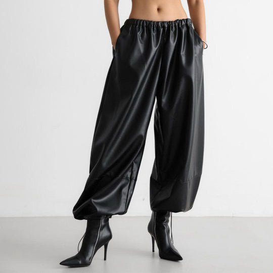 Damen Modische Kunstlederhose mit elastischem Bund R&B
