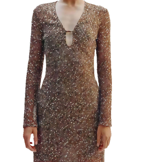 Damen Glamouröses Paillettenkleid mit tiefem V-Ausschnitt und langen Ärmeln R&B