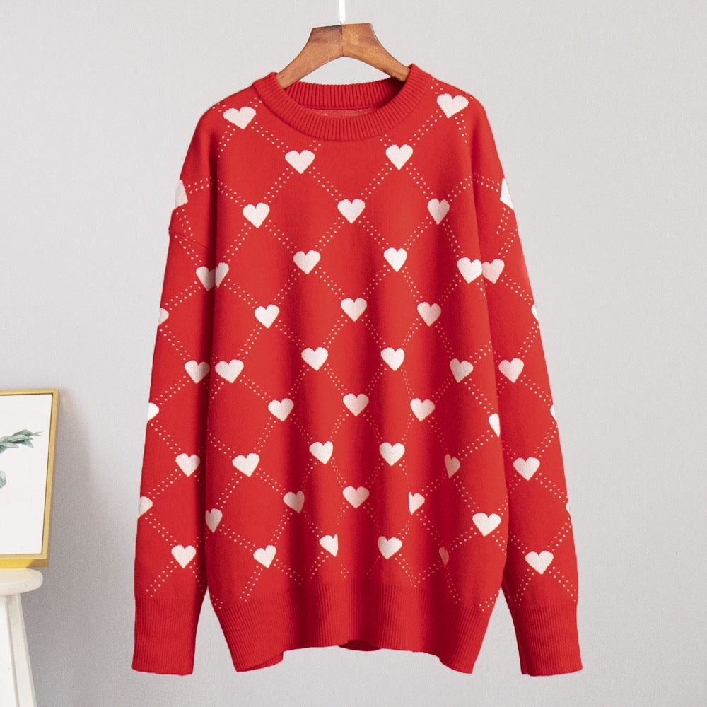 Damen Gemusterter Strickpullover mit Herzmotiv und lässigem Schnitt R&B