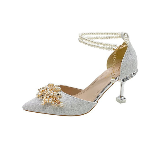 Damen elegante Pumps mit Perlenschmuck und glitzerndem Absatz R&B