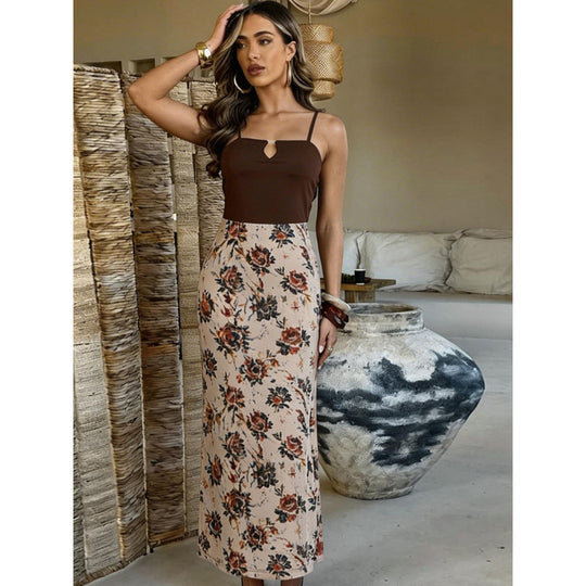 Damen Maxi-Kleid mit modischem Blumenmuster und schmalen Spaghettiträgern R&B