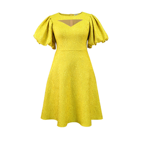Damen Midi-Kleid mit voluminösen Puffärmeln und dekorativem Ausschnitt R&B