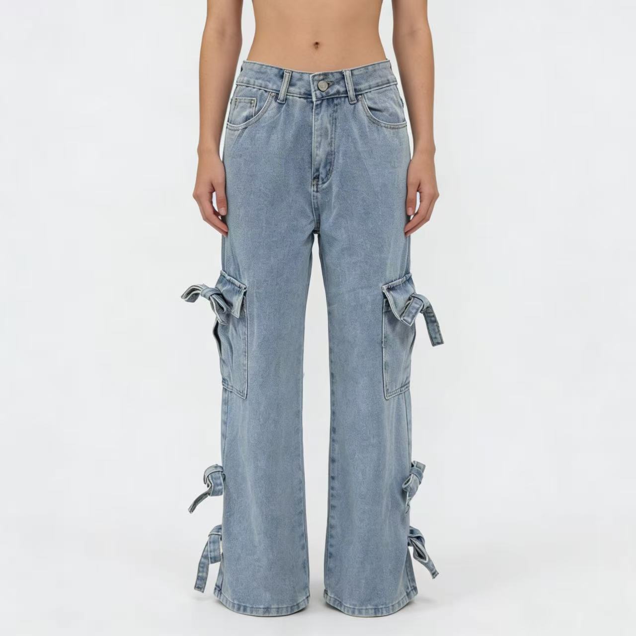 Damen Weite Cargo-Jeans mit BindR&Bändern