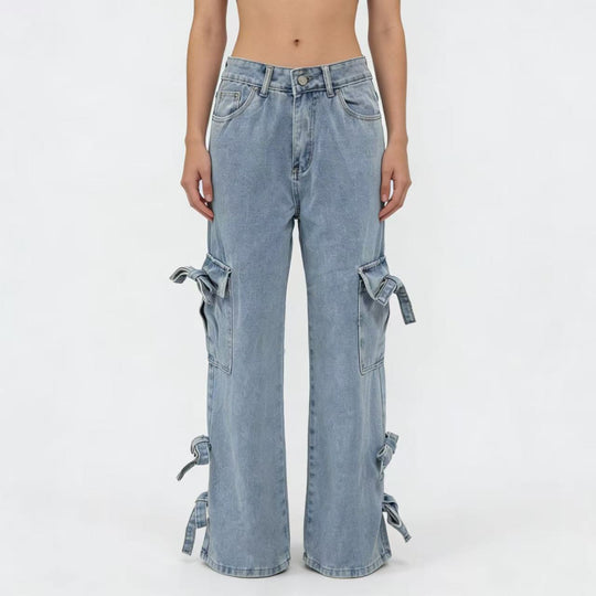 Damen Weite Cargo-Jeans mit Bindebändern