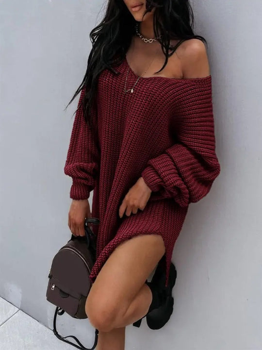 Damen lässiger Strickpullover mit tiefem V-Ausschnitt und ballonförmigen Ärmeln R&B