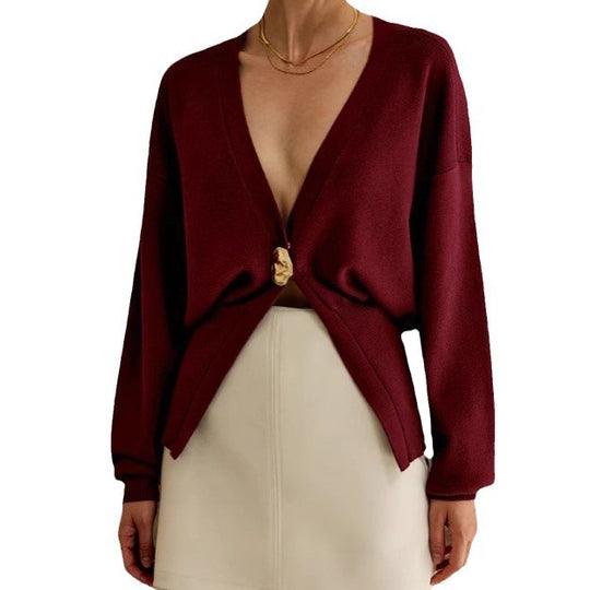 Damen Eleganter und lässiger Cardigan mit tiefem Ausschnitt und Schmuckknopf R&B