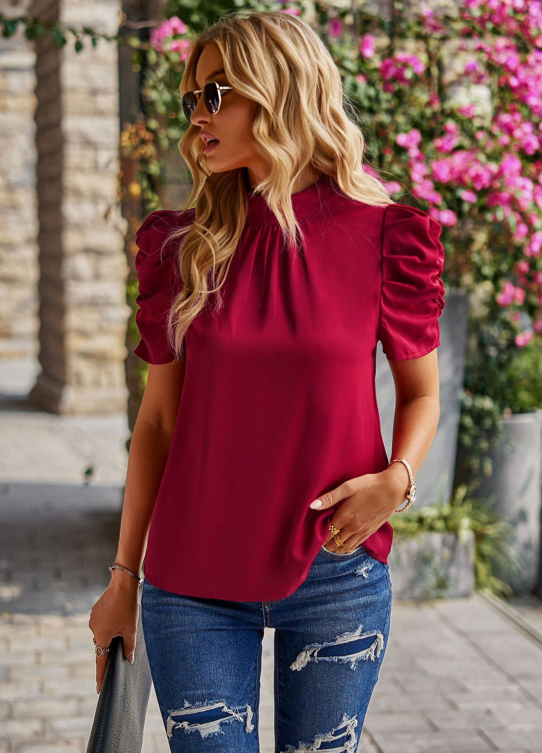 Damen Elegantes Oberteil mit Puffärmeln und subtilen Rüschendetails R&B