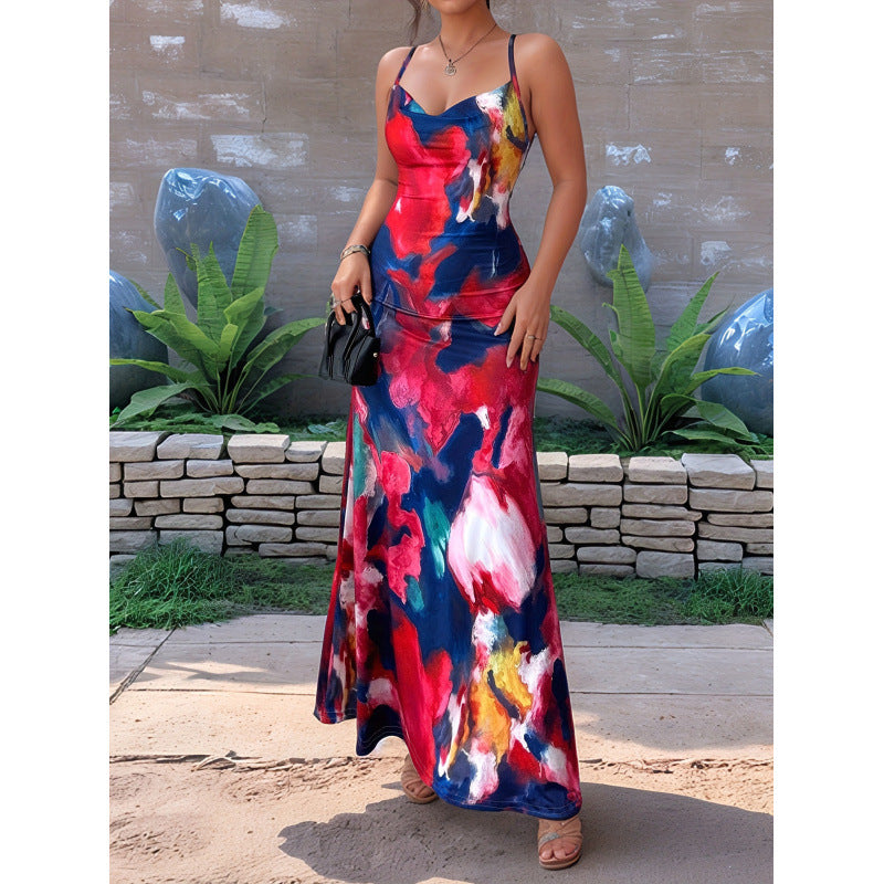 Damen Maxikleid mit floralem Aquarelldruck und schmalen Spaghetti-Trägern R&B