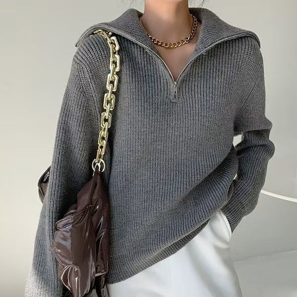 Damen Leichter Strickpullover mit hohem Kragen und Reißverschluss