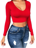 Damen figurbetontes Langarm-Crop-Top mit V-Ausschnitt