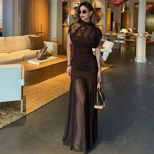 Damen Maxi-Kleid mit transparenten Puffärmeln und elegantem Raffungseffekt R&B