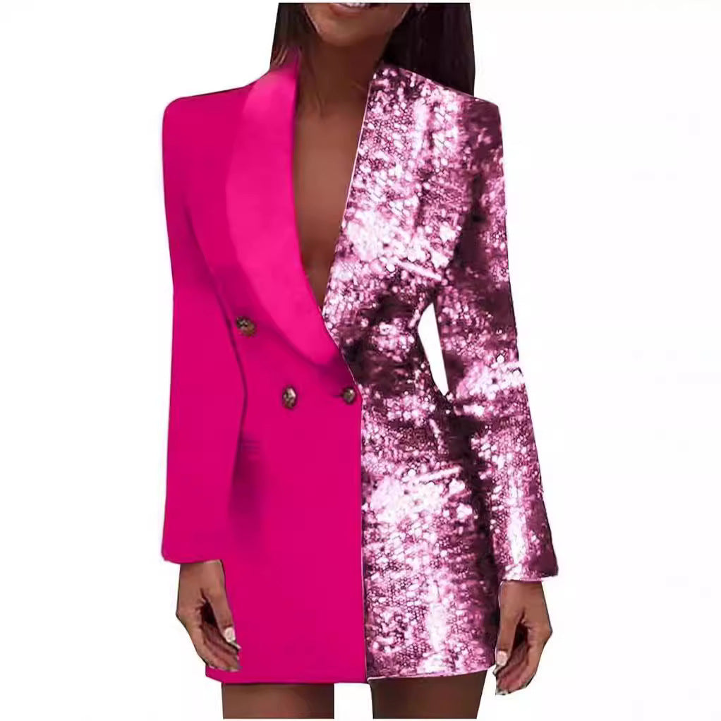 Damen Glamouröses Blazer-Kleid mit schimmerndem Effekt und tiefem Ausschnitt EB