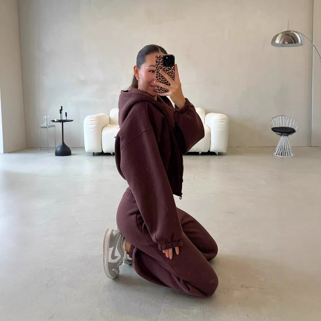Damen lässiges Sweater-Set aus cropped Hoodie und bequemer Hose mit elastischem Bund R&B