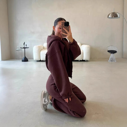 Damen lässiges Sweater-Set aus cropped Hoodie und bequemer Hose mit elastischem Bund R&B