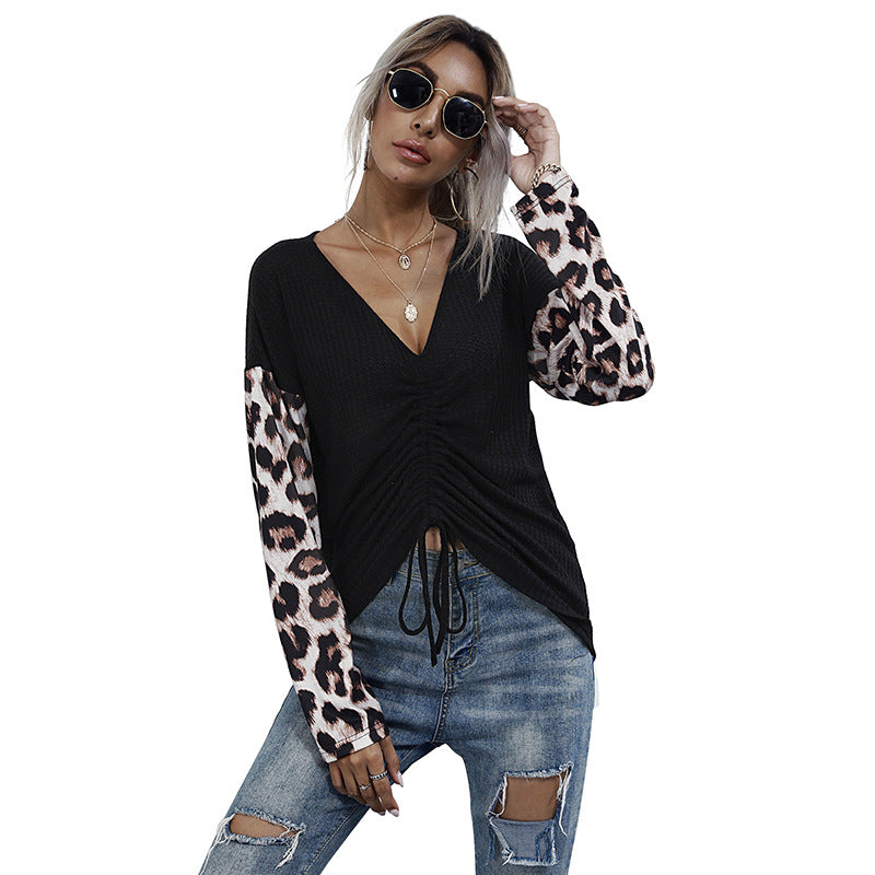 Damen V-Ausschnitt Bluse mit Raffung und modischen Tiermusterärmel R&B