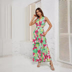 Damen Maxikleid mit tiefem V-Ausschnitt und Taillengürtel R&B