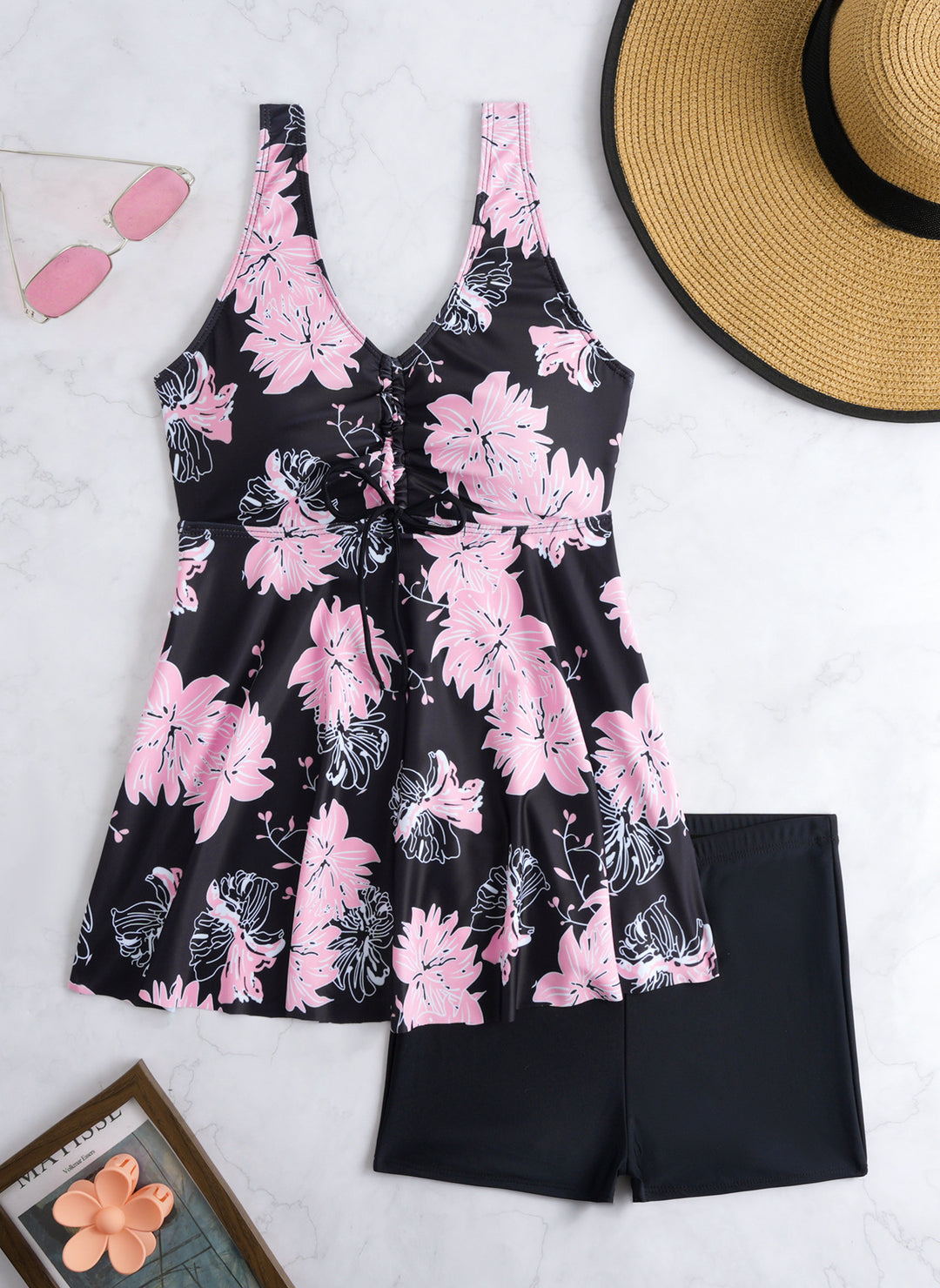 Damen Tankini-Set mit modischem Volant und grafischem Pfauenmuster R&B