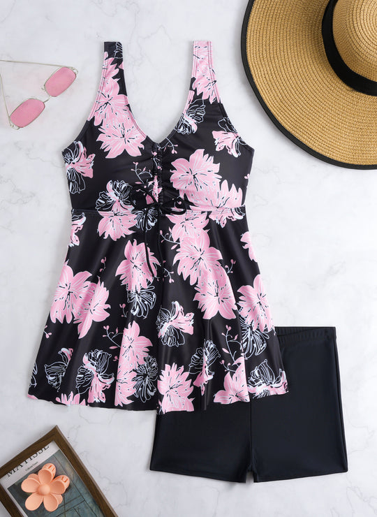 Damen Tankini-Set mit modischem Volant und grafischem Pfauenmuster R&B