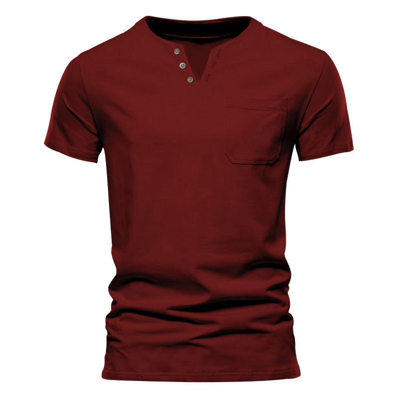 Herren nan tailliertes Kurzarm-Henleyshirt mit Brusttasche und asymmetrischer Knopfleiste R&B