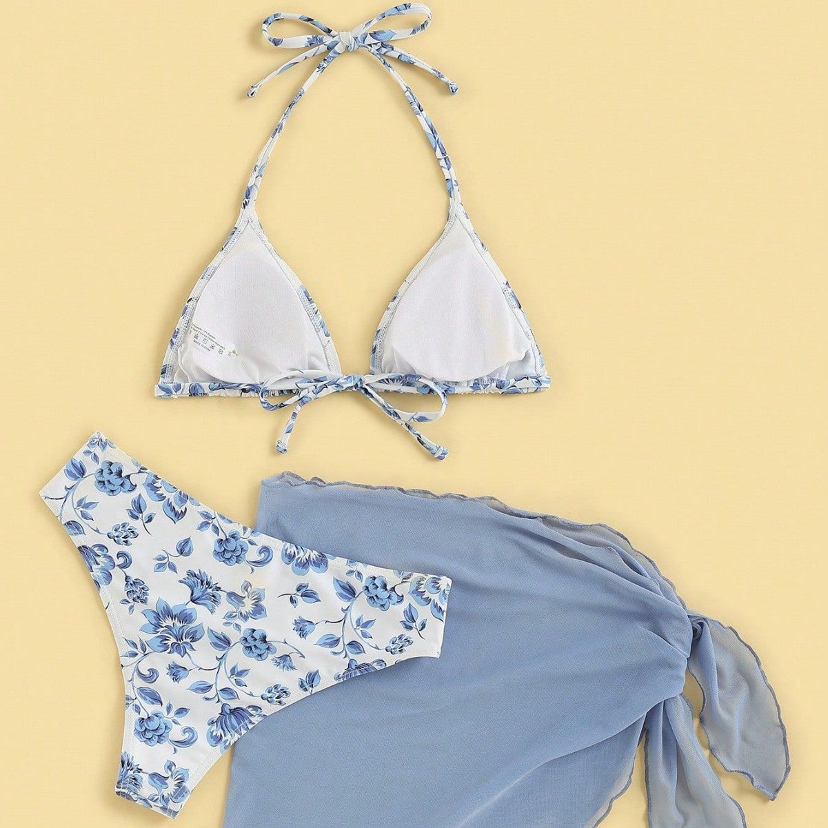 Damen Triangel-Bikini-Set mit romantischem Blumenmuster und eleganter Pareo R&B