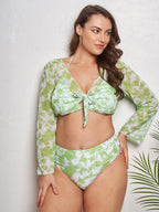 Damen Crop Top Bikini-Set mit langärmligem Oberteil und hochgeschnittenem Höschen R&B