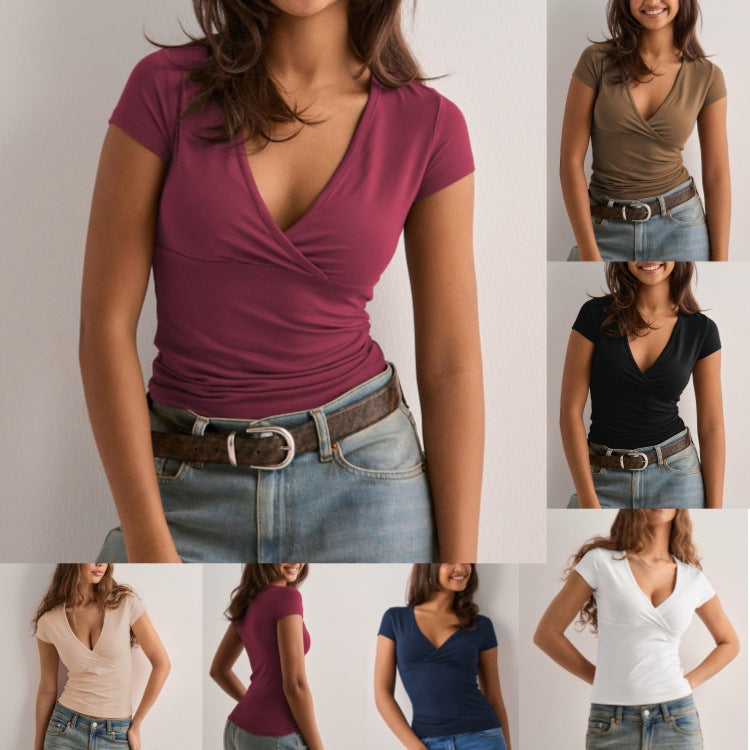 Damen figurbetontes T-Shirt mit elegantem V-Ausschnitt R&B