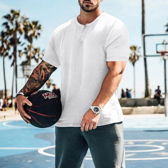 Herren lässiges Kurzarm-Henley-Shirt mit hochwertigem Baumwoll-Mix und praktischem Knopfdesign R&B