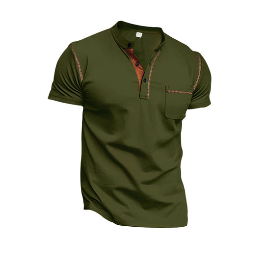 Herren nan Kurzarm-Polo im Henleystil mit Stehkragen, Brusttasche und Kontrastnaht R&B