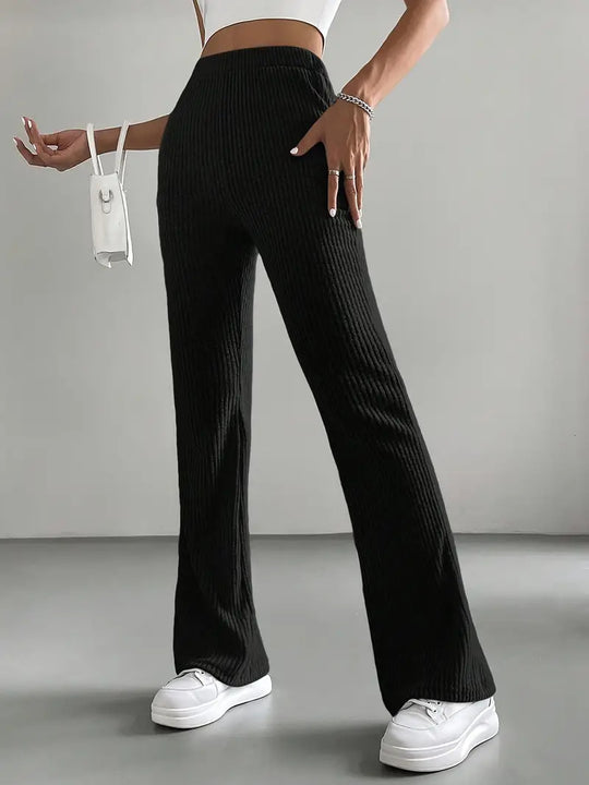 Damen Elegante und bequeme Rippen-Hose mit hohem Bund R&B