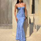 Damen Elegantes Bodenkonturierendes Maxikleid mit Spaghettiträgern und floralem Design R&B