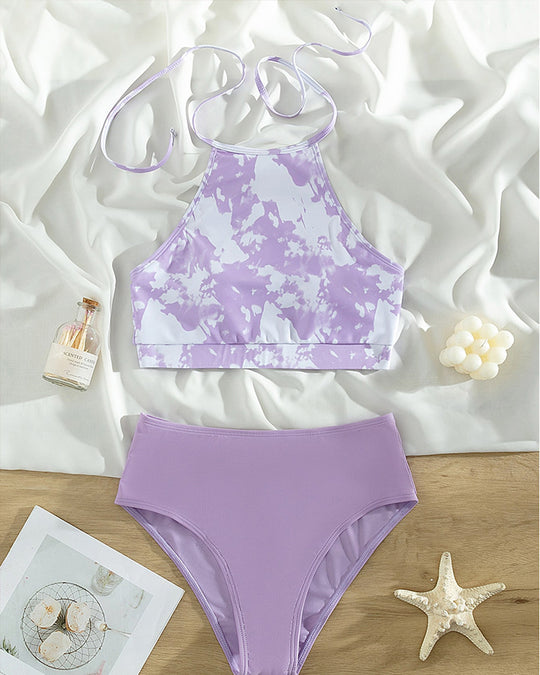 Damen Crop-Top Bikini mit hohem Kragen und floralen Mustern R&B