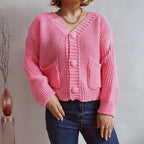 Damen lässige Strickjacke mit tiefem V-Ausschnitt und praktischen Taschen R&B