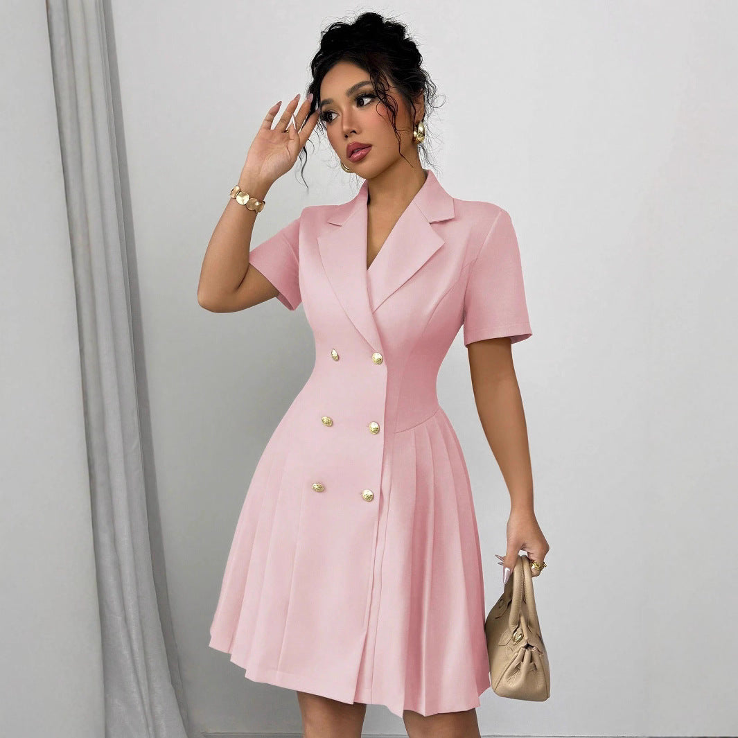 Damen elegantes A-Linien Kleid mit doppelter Knopfleiste und plissiertem Rock R&B